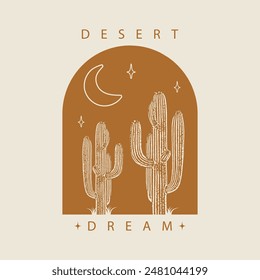 Minimalistic logo design with cactus illustration. Modern aesthetic art, desert dream flat badge
