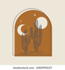 Minimalistic logo design with cactus illustration. Modern aesthetic vector art, desert dream