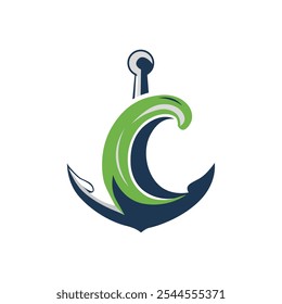 Minimalistisches Logo-Design mit einem Anker, der mit einer Welle verbunden ist und maritime Themen symbolisiert. Die Verwendung der Farben Grün und Blau verleiht dem nautischen Konzept einen frischen, modernen Touch.