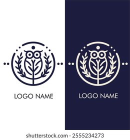 Minimalistic logo design featuring a stylized owl enclosed within a circular wreath of laurel leaves. The design is presented in contrasting light and dark themes.