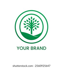 Minimalistic logo design highlighting a tree symbol and green imagery, ideal for branding emphasizing eco-friendliness, sustainability, and nature-focused messaging for companies and organizations.