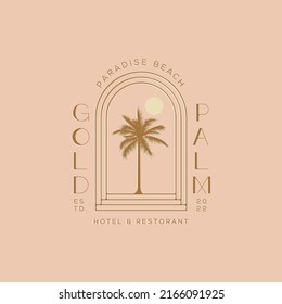 Minimalistic logo design with tropical palm tree silhouette in outlined arch doorway for summer beach hotel or restaurant or surfing bar or club. Vector illustration