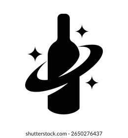 Logotipo minimalista com uma garrafa com anel de órbita e estrelas cintilantes, combinando elementos de espaço e elegância. Ideal para bebidas premium, discotecas, mixologia ou marca criativa.