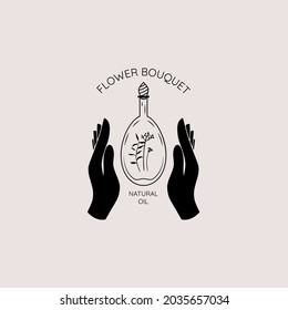 Minimalistic logo with female hands holding a glass bottle with herbs. Vector logo template. Can be used for shops of natural cosmetics and aroma oils.