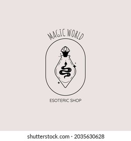 Minimalistic logo with a magic bottle and a snake. Vector logo template. Can be used for the design of esoteric shops, websites, brands.