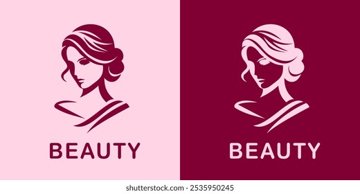 Logotipo minimalista en color rosa de perfil de mujer con el pelo suelto, que representa la belleza y la elegancia, transmitiendo la esencia del cuidado personal y la estética