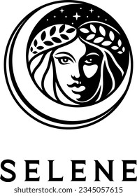  minimalistic logo of Selene is the greek roman goddess and personification of the Moon, lune, Emblem Logos,vector, illustration 