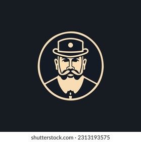 Estilo de logo minimalista con un retrato de un hombre con barba y sombrero en un fondo oscuro. Ilustración del vector