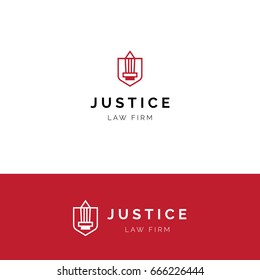 Minimalistic logo with sword and shield. Law firm vector symbol