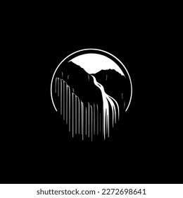 Minimalistic logo template, white icon of waterfall silhouette on black background, modern logotype concept for business identity, t-shirts print, tattoo. Vector illustration