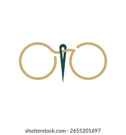 Un logo minimalista con dos círculos dorados unidos por una aguja verde oscuro, que sugiere sastrería, visión o precisión.