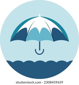 Un logotipo minimalista con un fondo blanco y una paleta de color azul dominante. Elementos combinados de seguridad, tranquilidad y paraguas