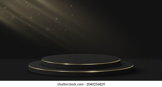 Minimalistic luxurious podium with light effect for show your product. 3d cylinder on black background. Platform or scene. Mockup for fashion presentation. Vector illustration