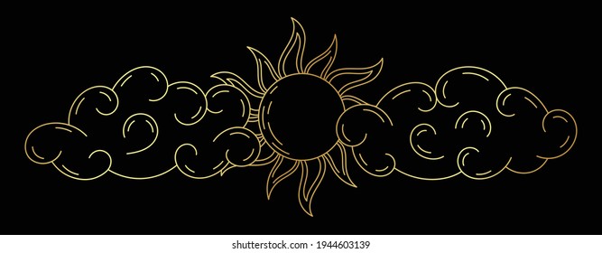 Minimalistic luxury vector gold illustration line art of clouds and the sun on a black background
