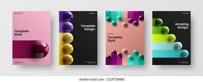 Minimalistic magazine cover A4 vector design illustration bundle. Premium realistic spheres poster layout collection.