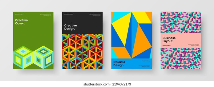 Minimalistic magazine cover design vector illustration bundle. Creative mosaic shapes company identity template composition.
