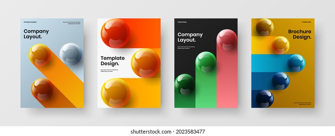 Minimalistic magazine cover vector design illustration set. Vivid realistic spheres pamphlet layout collection.