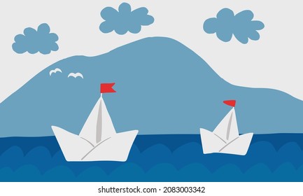 Minimalistic marine vector illustration, creative background with place for. Stylized seaside with waves and paper ship can be used for posters, banners, vouchers, invitations, cards