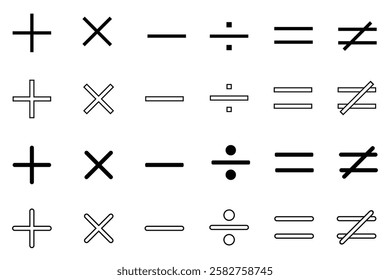 Minimalistic Math Symbols Set for Educational and Technical Use, Mathematical Operators Set, Addition, Subtraction, Multiplication, and Division, in vector form, Basic Math Symbols