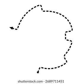 Labirinto minimalista com um caminho de linha pontilhada que leva a uma seta direcional sobre um fundo branco.