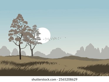 Minimalistic meadow landscape with trees and flying birds