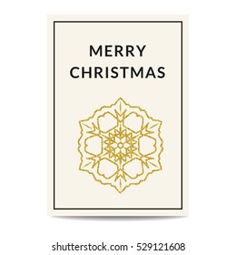 Minimalistic Merry Christmas greeting card. Creme background. Golden snowflake with glitter sequins. Stylish flyer and banner design template. Vector EPS10 illustration.