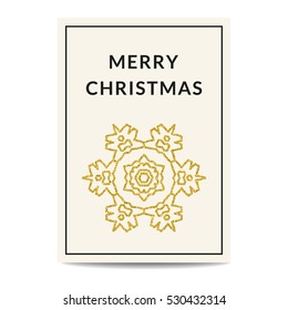 Minimalistic Merry Christmas greeting card. Creme background. Golden snowflake with glitter sequins. Stylish flyer and banner design template. Vector EPS10 illustration.