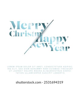 Minimalistic Merry Christmas and Happy new year light blue card template layout with big metallic  letters. Happy new year celebration banner status template