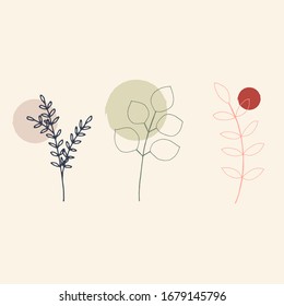 Minimalistic mid-century design with leaves and geometric shapes. Set of modern trendy compositions for covers, posts of social networks, icons. Suitable for logo, for package design.