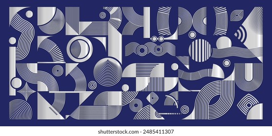 Minimalistischer moderner abstrakter Collagenhintergrund mit geometrischen Formen in silberner Metallic-Farbe auf dunkelblauem Hintergrund. Ein Grafikdesign im skandinavischen Stil mit trendiger Vektorgrafik.