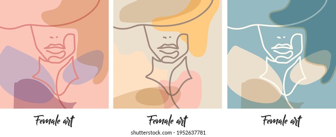 Minimalistic modern art drawings. Beautiful abstract female face art. Attractive young woman portraits. Line drawings. Pastel colors. Vector set of design templates and illustrations.