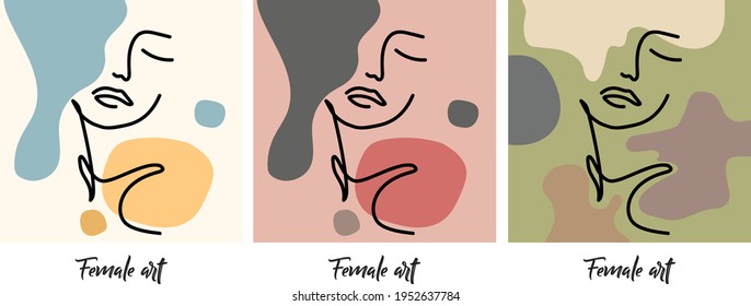 Minimalistic modern art drawings. Beautiful abstract female face art. Attractive young woman portraits. Line drawings. Pastel colors. Vector set of design templates and illustrations.