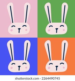 Minimalistic modern bold design for easter - four faces of rabbit on colorful squares. Unusual concept for traditional holiday.