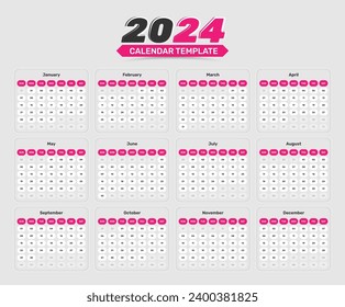 Minimalistic modern calendar date format table template design for 2024