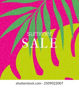 Minimalistic Modern Card Summer Sale. Design Bright Banner with tropical abstract Leaves. Concept Vintage Template Background sale, horizontal poster, header, cover, social media, fashion ads.