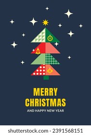 Minimalistic modern Christmas and new year card. Christmas tree and other new year elements in modern style. Geometric design