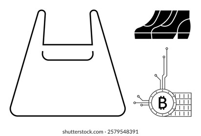 Minimalistic and modern elements. A reusable bag icon emphasizes sustainable shopping. A stair-like symbol suggests progress or growth, and a Bitcoin icon represents digital currency. Ideal for
