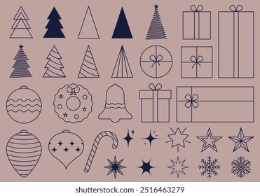 Minimalistic modern geometric Xmas figures set. Abstract Christmas design elements for greeting card or poster. Vector illustration