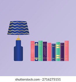 Ilustração moderna minimalista com uma lâmpada de mesa e livros. Lendo conceito. Ilustração vetorial.