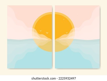 Minimalistic modern ocean side print. Ocean wave and sun