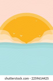 Minimalistic modern ocean side and sunset print. Ocean wave and birds aesthetic landscape.