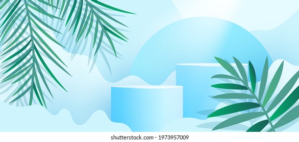 Minimalistic modern product display with fresh palm leaves and podium for cosmetic products on a blue background,minimal style.