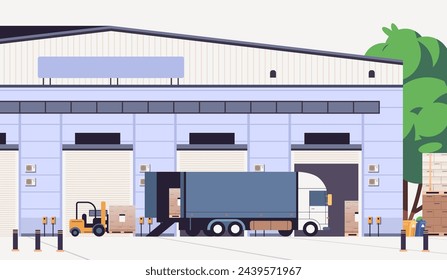 Minimalistic modern warehouse exterior with forklift loader and truck. Flat vector illustration