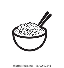 A minimalistic, monochromatic render features a bowl filled to the brim with rice, accompanied by chopsticks resting atop. Its simple yet elegant composition is set against a transparent background.