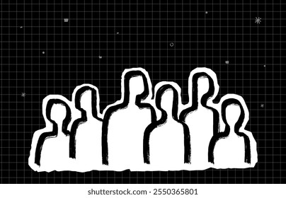 Composición monocromática minimalista con un grupo de siluetas de personas sobre un fondo negro a cuadros.