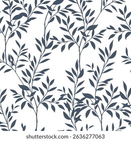 Minimalistic Monochrome Floral Seamless Pattern. Vector Art Abstract Modern Blue and White Botanical Painting Template Design. Leaves Branch Fashion Pattern. Trendy Contemporary Leaf Print Design.