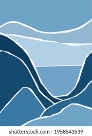 Minimalistic monochrome landscape. Abstract mountains and sea for a stylish background. Poster in different shades of blue. Concept of travel, leisure and tourism. Wall art. Vector.