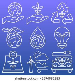 A minimalistic monochrome line icon set representing eco-friendly concepts. Designed in a modern outline style, ideal for eco-branding, sustainability reports, and awareness campaigns.
