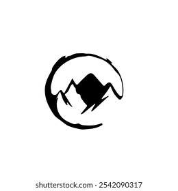 Minimalistic monochrome logo featuring a mountain within a circular outline, representing nature, adventure, and simplicity. Perfect for outdoor brands or companies seeking a clean, modern design.