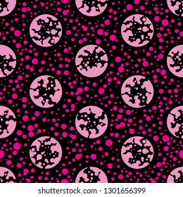 
The minimalistic monochrome pattern of light pink and magenta polka dots. Modern dotted seamless pattern. Black background. Vector drawing repeat pattern of dots. Endless wallpaper style. Textile.